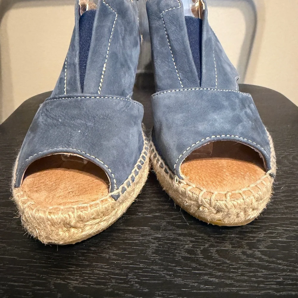 Kanna Spain Blue Leather Espadrille Wedge Sandals EU 37 US 6.5 Peep Toe